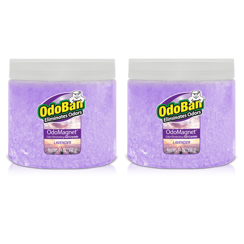 Two OdoBan OdoMagnet lavender gel crystal jars with white lids shown side-by-side on a white background