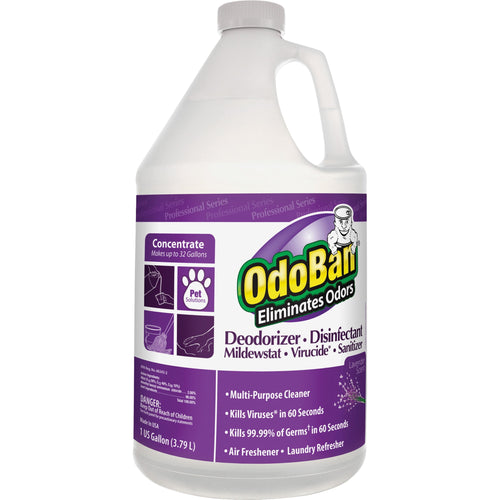 OdoBan one‑gallon concentrate jug with purple label, 'Eliminates Odors' logo and disinfectant/air freshener claims