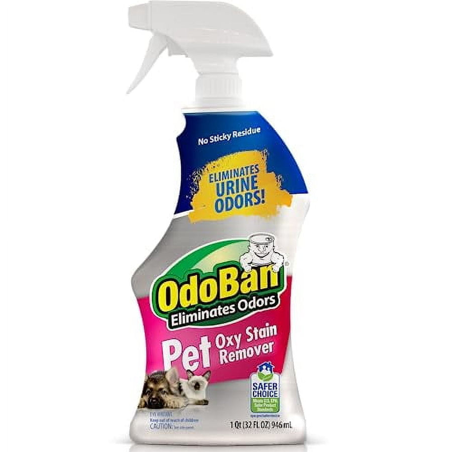 Front-facing bottle of OdoBan Pet Oxy Stain Remover spray showing logo and label that claims eliminates urine odors