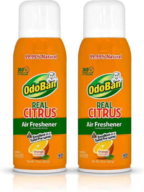 Two OdoBan Real Citrus orange air freshener cans standing side-by-side with white caps on a white background.