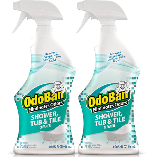 Two OdoBan Shower, Tub & Tile spray bottles side-by-side with teal label and white trigger tops