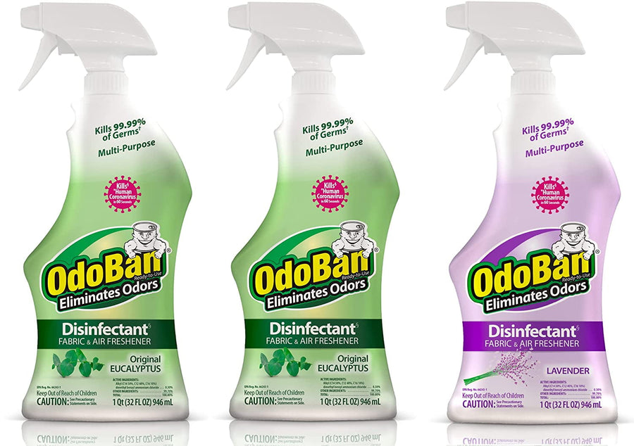 Three OdoBan disinfectant spray bottles side-by-side: two eucalyptus (green) and one lavender (purple) on a white background.