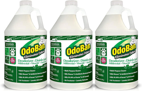 Three one-gallon OdoBan disinfectant and deodorizer bottles with green labels shown side by side on white background