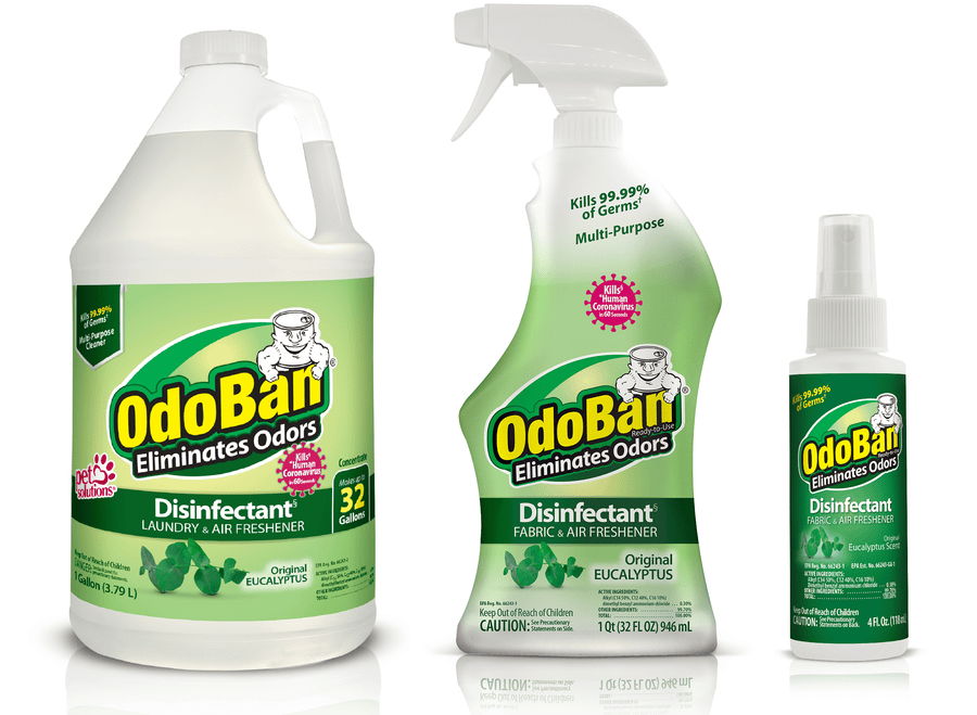 Three OdoBan disinfectant products (gallon jug, trigger spray, travel spray) with eucalyptus labeling on white background.