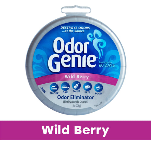 Odor Genie Wild Berry round odor eliminator with blue label and pink scent banner, front-facing