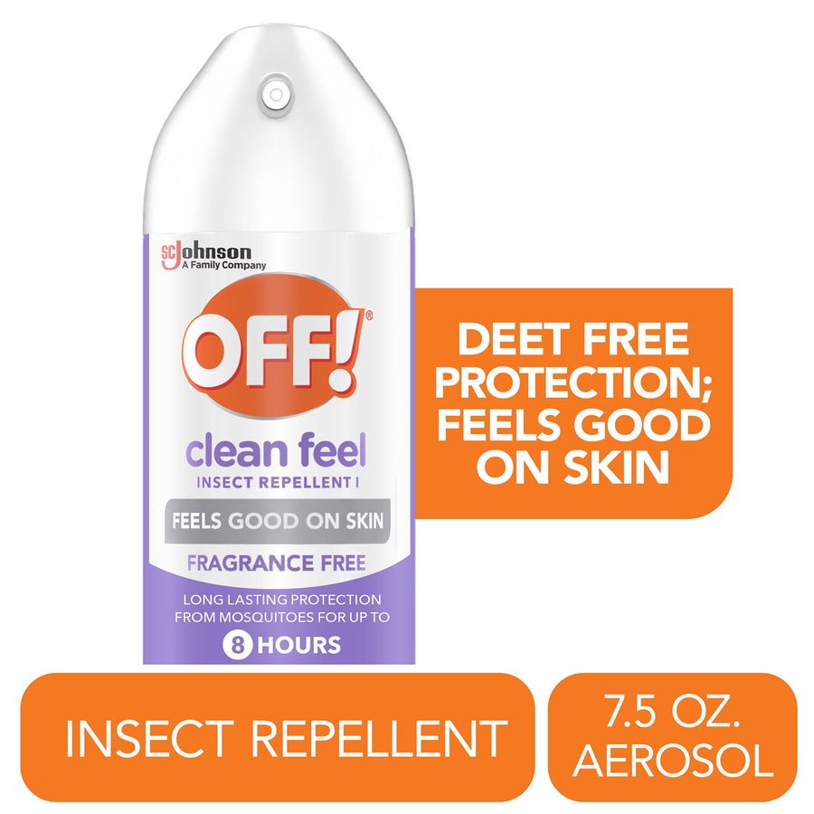 Close-up of an OFF! Clean Feel aerosol canister with purple label and orange logo, fragrance-free callout