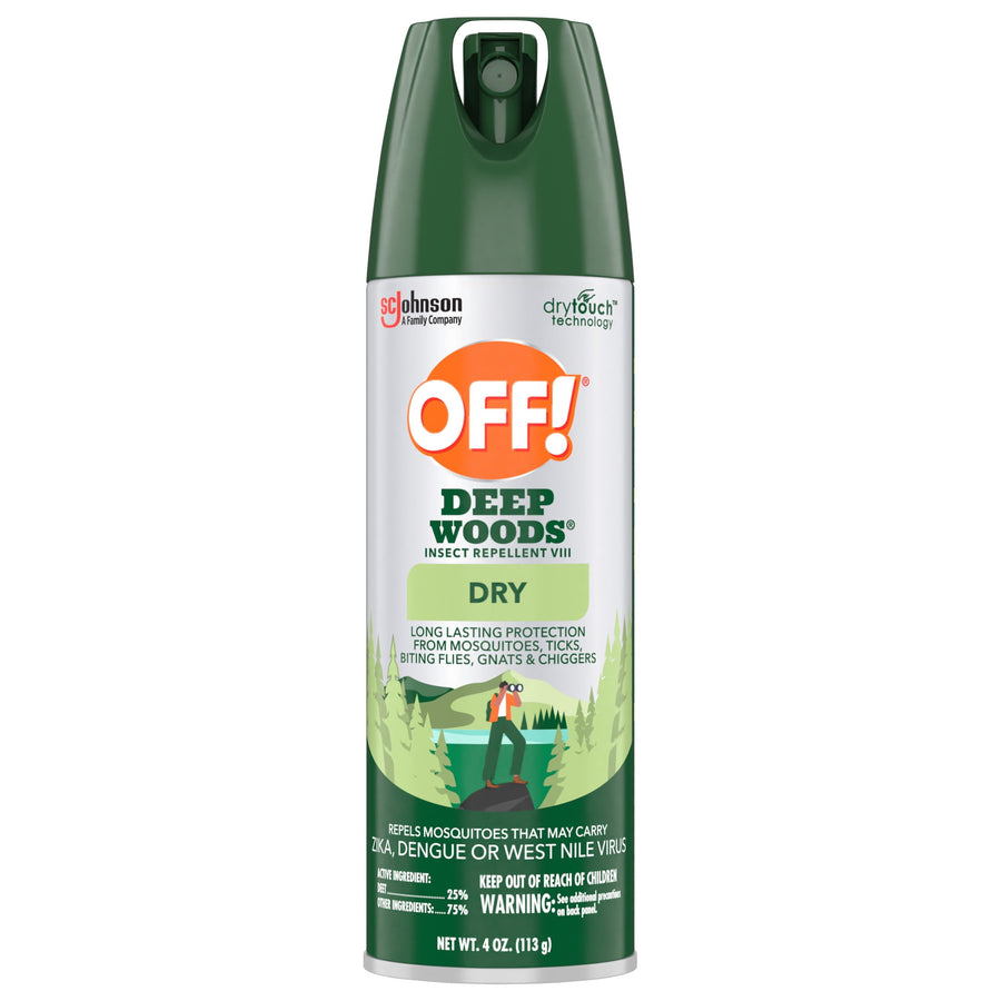 OFF! Deep Woods Dry aerosol spray can with dark green cap and label showing outdoor forest illustration and brand logo.
