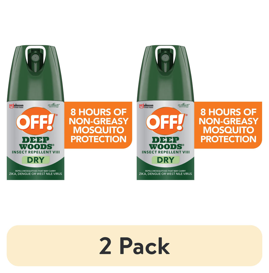 Two OFF! Deep Woods Dry aerosol cans side-by-side with orange callouts highlighting 8 hours protection and a "2 Pack" label below