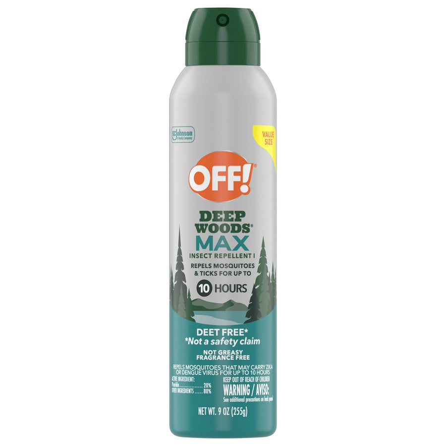 Tall aerosol can of OFF! Deep Woods Max insect repellent, gray and teal can with green cap and brand logo