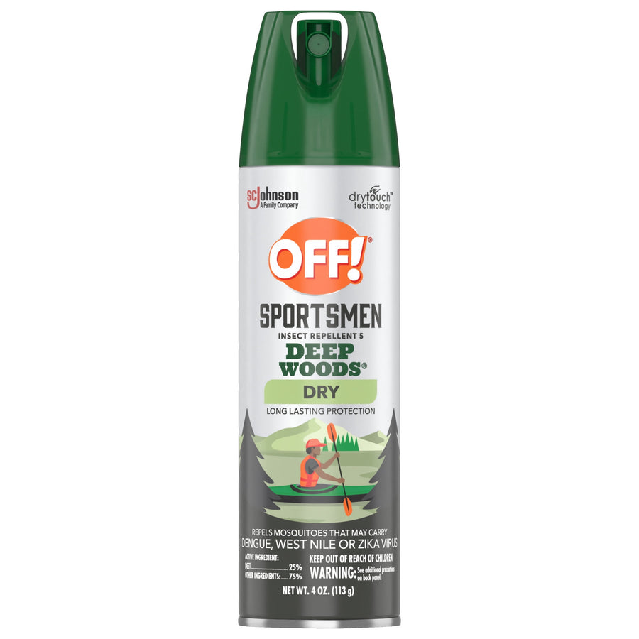 Tall aerosol can of OFF! Sportsmen Deep Woods Dry insect repellent with green cap and outdoor canoe illustration on the label