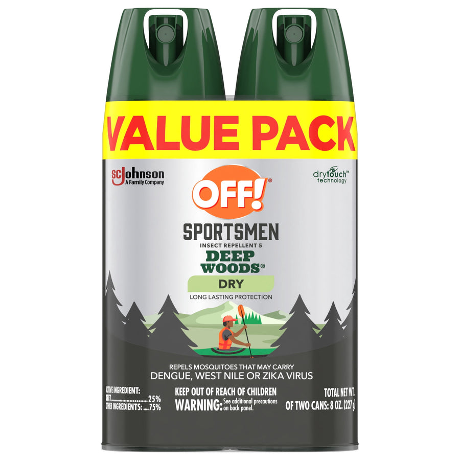 Two-can OFF! Sportsmen Deep Woods Dry insect repellent value pack with yellow 'VALUE PACK' band and product label artwork