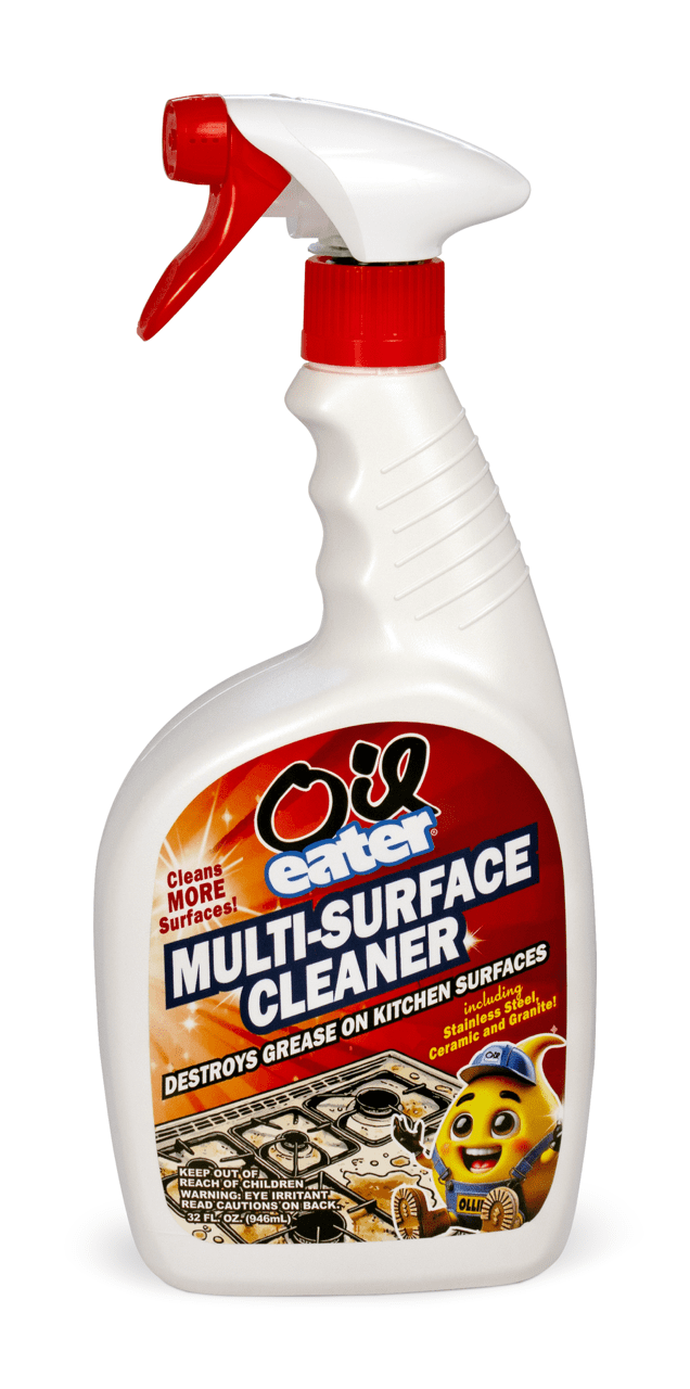 White spray bottle of Oil Eater multi-surface cleaner with red label and mascot, photographed on white background