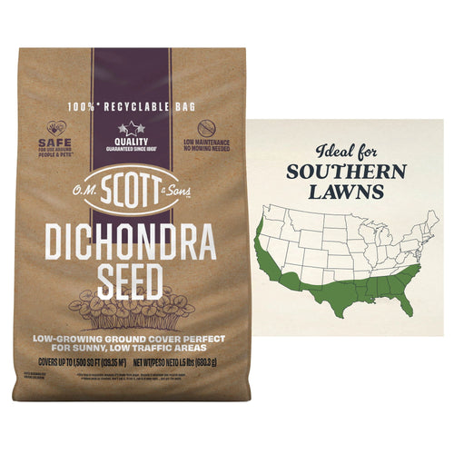 Paper bag of O.M. Scott dichondra seed shown beside a map highlighting southern U.S. regions where it's ideal