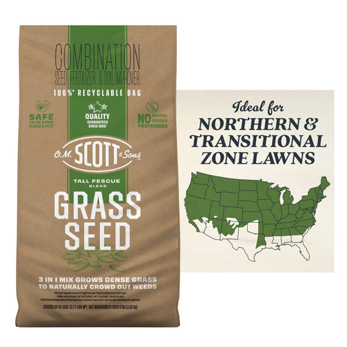 Brown paper-style bag of O.M. Scott & Sons tall fescue grass seed with map graphic showing ideal zones