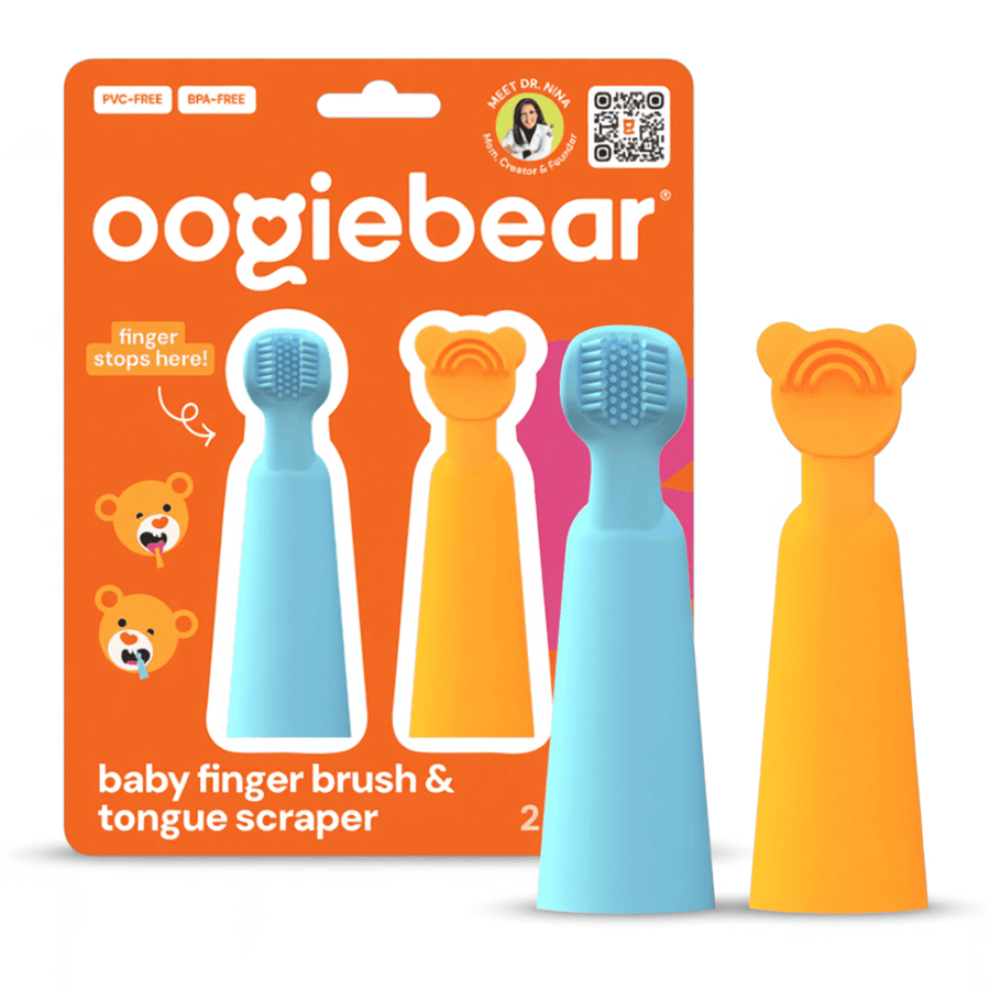 Oogiebear orange retail card with two silicone baby finger brushes in blue and orange shown against white background.