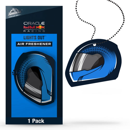 Oracle Red Bull Racing Lights Out hanging helmet-shaped car air freshener in blue packaging with Armor All branding