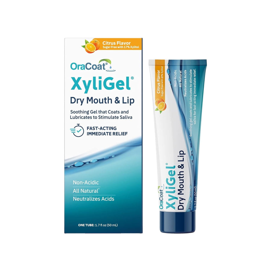 OraCoat XyliGel citrus dry mouth and lip gel tube displayed next to its branded product box on white background