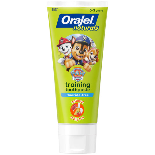 Bright green tube of Orajel Naturals PAW Patrol training toothpaste with character art and fruity fun badge