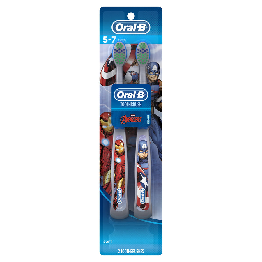 Oral-B branded blister pack showing two kids' toothbrushes with Marvel Avengers art, Captain America and Iron Man on handles.