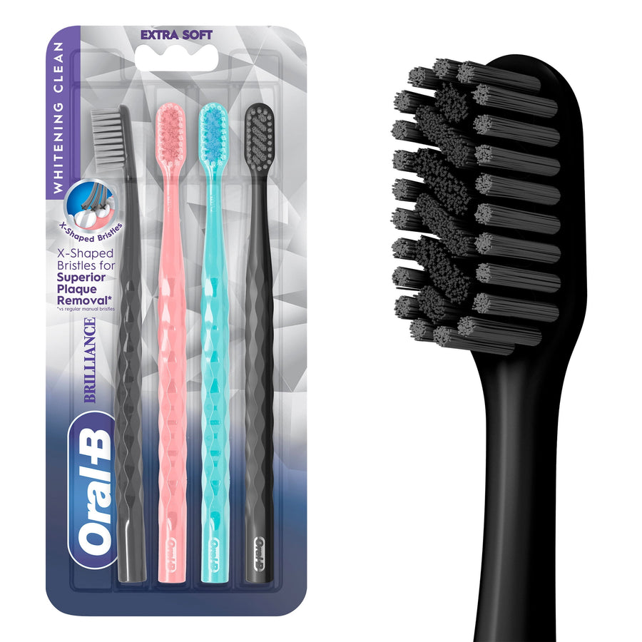 Packaged Oral-B Brilliance toothbrushes in black, coral and teal with blister card packaging visible