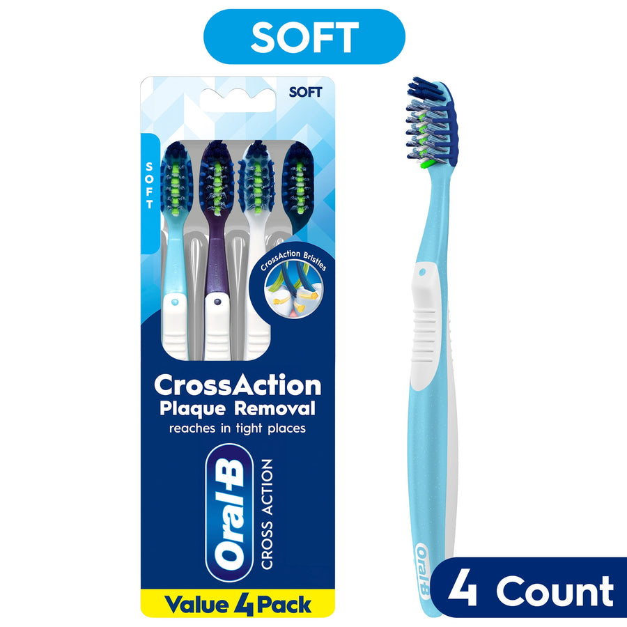 Packaged Oral-B CrossAction toothbrush value pack with visible blue-and-white handles and bristle heads