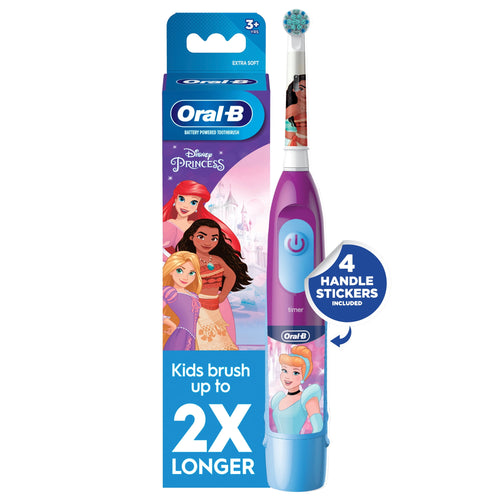 Oral‑B Disney Princess battery-powered kids toothbrush in purple packaging with princess graphics and 4 handle stickers callout.