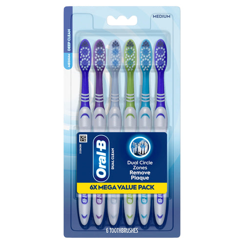 Packaged Oral-B Dual Clean toothbrushes in a clear blister pack showing six colored-handled brushes and brand label