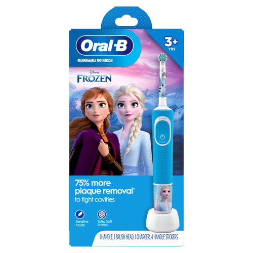 Oral-B branded retail box showing a blue Frozen-themed rechargeable kids electric toothbrush and Anna and Elsa artwork.