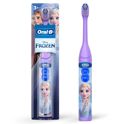 Oral‑B Disney Frozen purple battery-powered kids toothbrush shown in packaging and as a standalone toothbrush