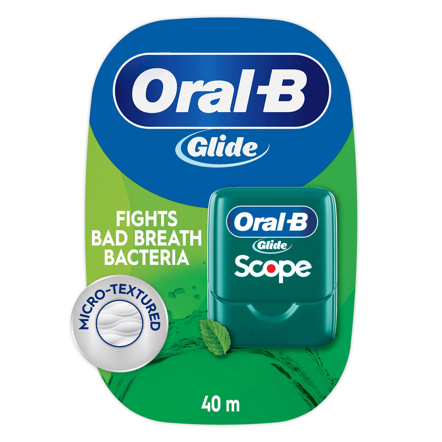 Green Oral‑B Glide Scope mint floss plastic case shown on branded card with micro‑textured callout