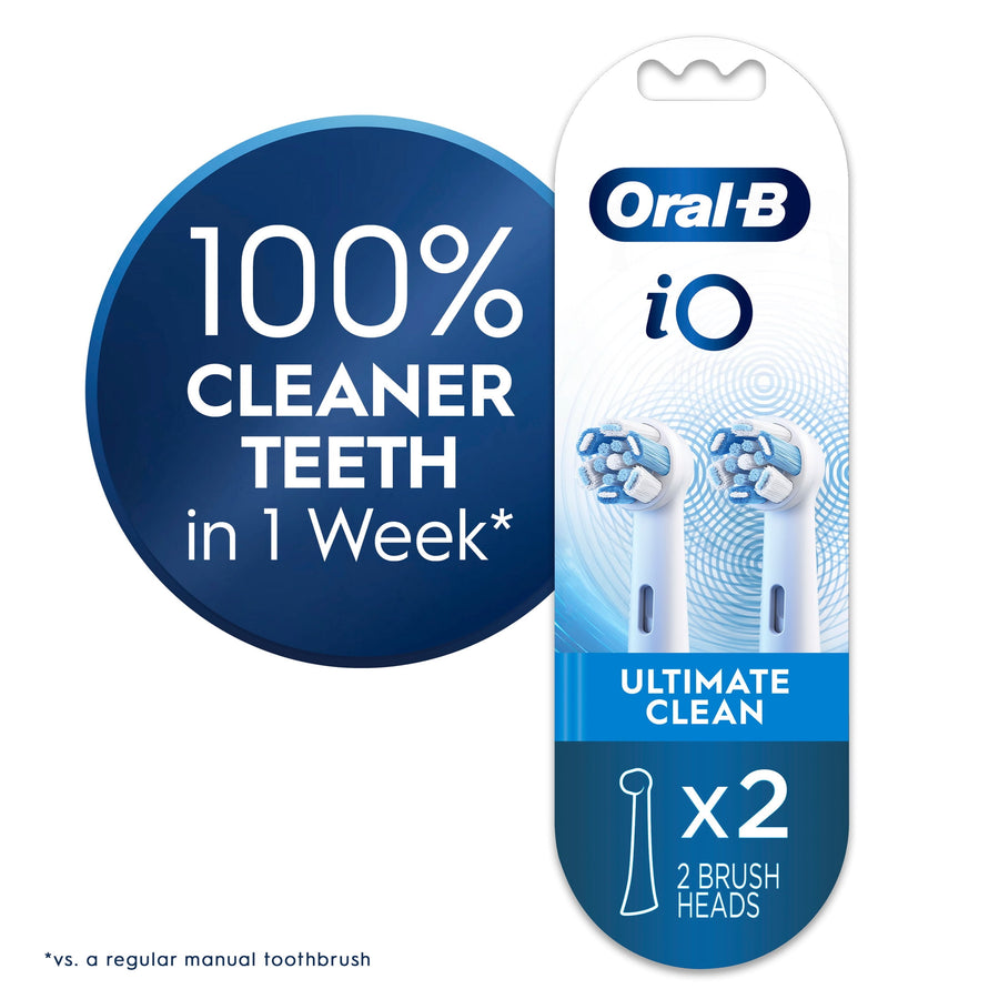 Packaging hang-tab card showing two white Oral‑B iO Ultimate Clean replacement brush heads and a large circular claim graphic