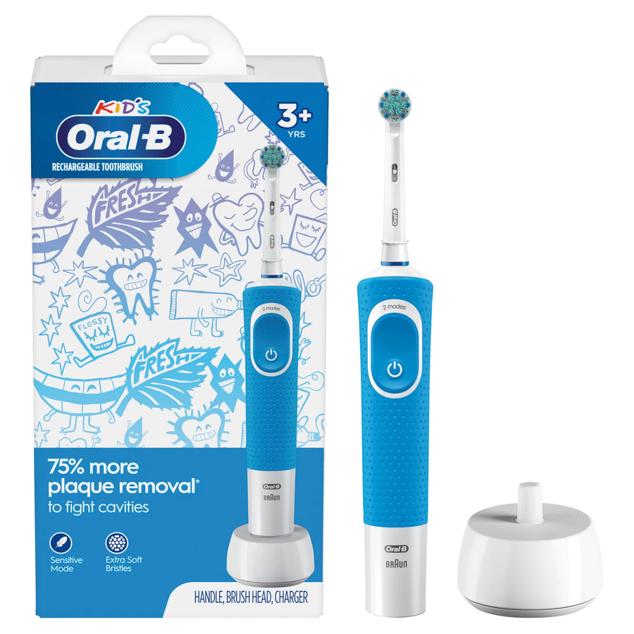 Oral‑B Kids blue rechargeable electric toothbrush with round brush head, charger base and retail box on white background.