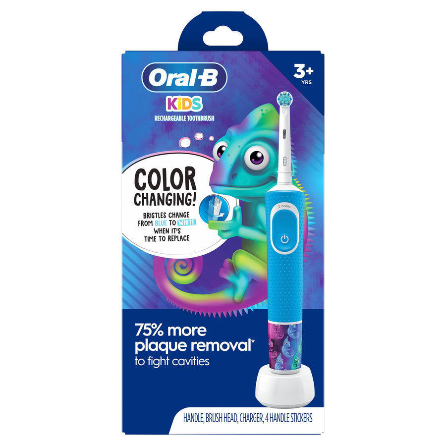 Oral‑B Kids rechargeable electric toothbrush in colorful chameleon packaging showing handle on charger and color‑changing bristles callout.