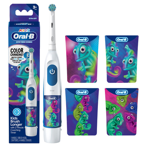Oral‑B kids battery toothbrush with blue power button, packaging box and four colorful chameleon handle stickers on white background.