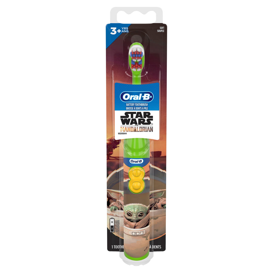 Oral-B green battery-powered kids toothbrush in Star Wars Mandalorian retail blister pack with character art