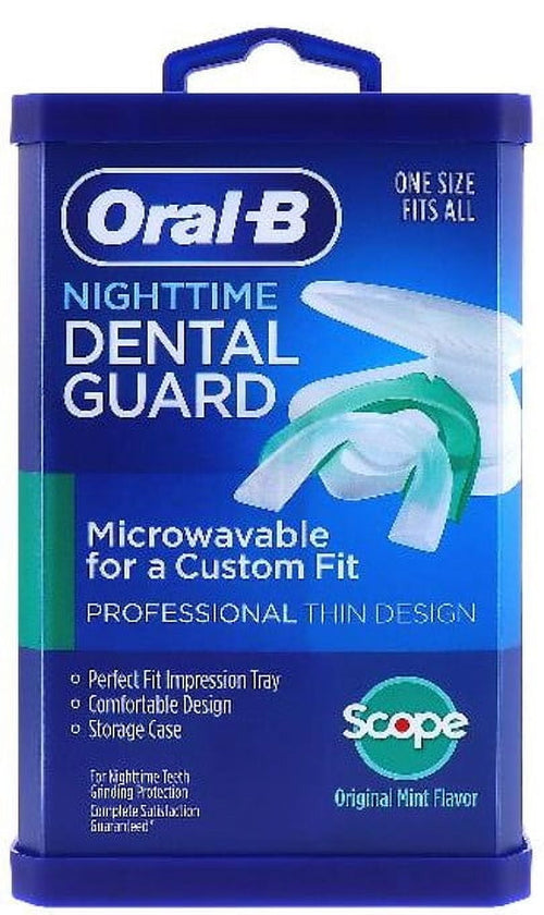 Close-up of Oral-B Nighttime Dental Guard blue retail box with Scope logo and product image