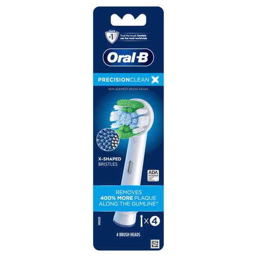 Vertical product packaging image of Oral-B Precision Clean replacement brush head with X-shaped bristles and '4 brush heads' label.