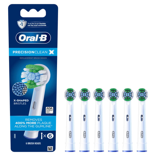 Oral‑B PrecisionClean X retail card showing an illustrated electric toothbrush and six round replacement brush heads.