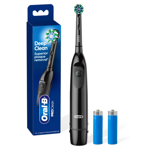 Black Oral‑B ProClean battery toothbrush standing next to its blue retail box and two AA batteries on white background.