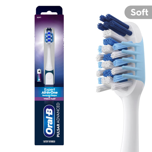 Oral‑B Pulsar Advanced soft toothbrush in retail packaging at left and close-up of brush head at right on white background.