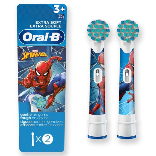 Two Oral‑B round replacement brush heads with Spider‑Man graphics shown next to product backing card