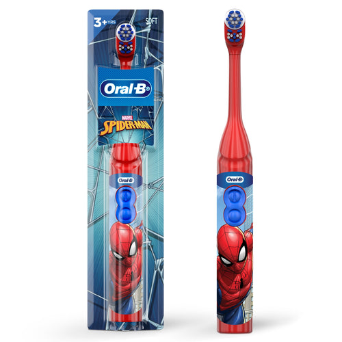 Oral-B Spider-Man themed red battery toothbrush in retail blister pack with Spider-Man graphics and Oral‑B logo.