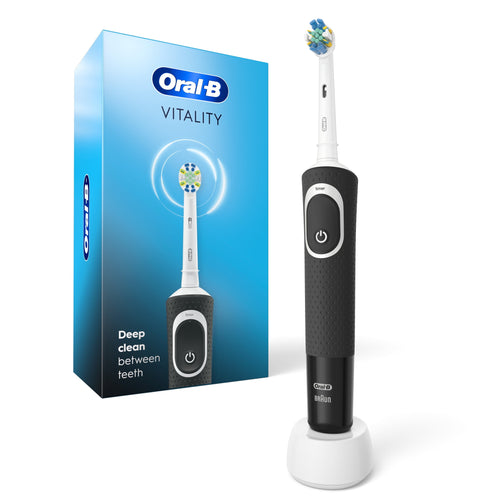 Oral‑B Vitality black electric toothbrush standing on charger with product box shown behind on white background
