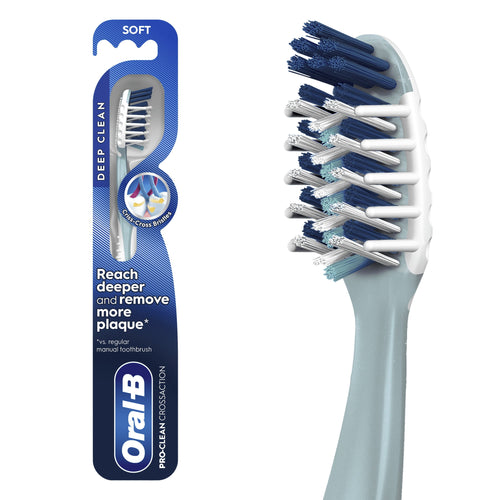 Oral-B Pro-Clean CrossAction toothbrush in blue retail blister card showing angled bristles and brand panel