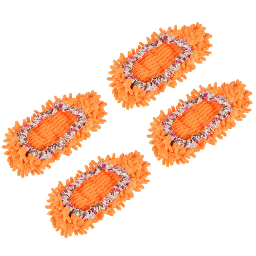 Four orange chenille microfiber shoe covers with floral-trim elastic openings on white background