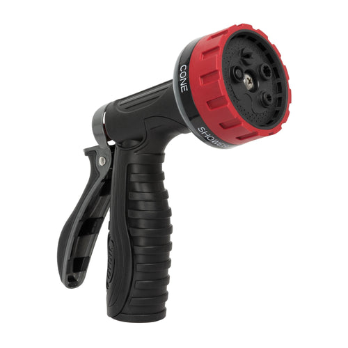 Close-up of a black and red Orbit rear-trigger garden hose nozzle on white background