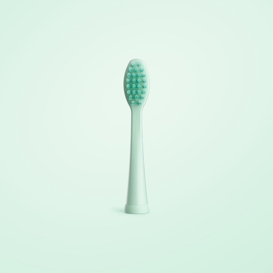 Mint-green replacement sonic toothbrush head standing upright on a pale background