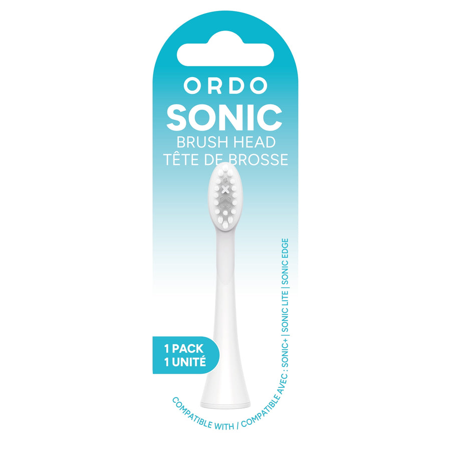 Ordo Sonic replacement brush head shown on blue gradient retail blister card with product name and 1 pack callout