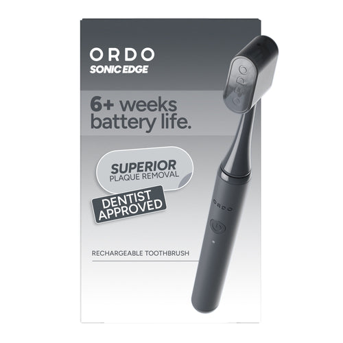 Front-facing product box for the ORDO Sonic Edge charcoal rechargeable toothbrush showing the brush image and “6+ weeks battery life” claim.