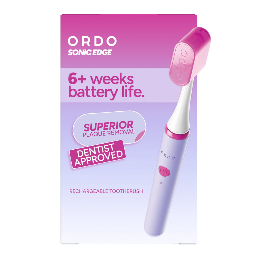 Ordo Sonic Edge rechargeable toothbrush packaging in lavender and fuchsia with product image and battery life callouts.